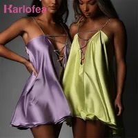 Karlofea Sexy Summer Dress Diamates Chain Strap Doule Layers Satin Mini Dresses For Women Vacation Outfits Club Party Clothing 220329