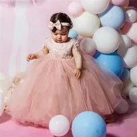 Kız elbiseleri allık pembe dantel boncuklu kız bebek kapağı küçük ilk doğum günü cemaat pageant önlükleri1256m