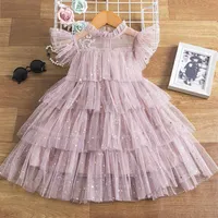 Sweet Girls star sequins gauze dresses summer kids lace falbala fly sleeve tiered tulle cake dress children princess clothings A72327f