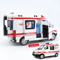 132 City Diecast Ambulance Emergency Toy Car Model Light Slide Open Door Ambulancia Oyuncak Educational Kids Toys For Children J1247a