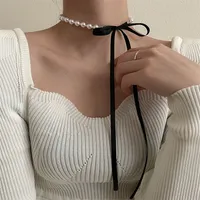 AOMU Korea Sweet Black Velvet Bow Double Necklace Simple Bowknot Plush Pearl Clavicle Chain Collar for Women Lady Jewelry 220727
