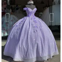 Fantastisk lila bollklänning quinceanera klänningar 3D-applikationer pärlor snörning bakre golvlängd prom aftonkolor mexikiska flickor vestidos de 15 anos parti bär