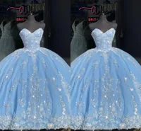 블링 아이보리 스팽글 Applique Prom Quinceanera 드레스 가벼운 하늘색 Strapless 코르셋 백리스 공주 공식 드레스 저녁 달콤한 15 16 소녀