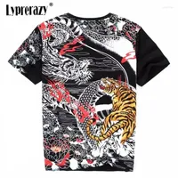 Camisetas masculinas lypreserazy japonês harajuku ukiyoe bordado camiseta bordada homens tigre e bordado de dragão de mangas curtas de mangas curtas Ble's ble's ble