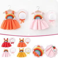 Flickans klänningar småbarn flicka kläder barn baby sommaren ren färg regnbåge moln hängdjol med hatt vestido niña verano 2022 e1