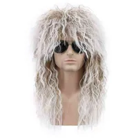 Hommes cheveux synthétiques fgy et femmes longs bouclés brun gradient blanc cosplay wigs 70s 80s rock mullet fête 0527