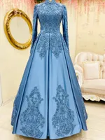 Vestidos de noche musulmán azules 2022 Mangas largas de cuello alto Aplique Lace Satin Vestidos de baile elegantes Mujeres Formal Robe de matrimonio