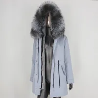Women's Trench Coats BLUENESSFAIR 2022 Waterproof Long Parka Winter Jacket Women Coat Real Natural Raccoon Fur Hood Outerwear Streetwear