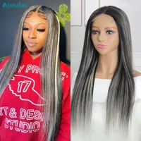 Lace Wigs Blonde Highlight Wig Human Hair Straight 5x5 T Part Closure Platinum Grey For Women Brazilian Niusdas
