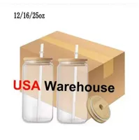 US Stock 12oz 16oz Sublimation Glass Bier Tassen mit Bambusdeckel Stroh Stroh DIY Blanks Frosted Clear Can Fored Bumblers Wärme Übertragung Soda Whisky Brille B0505