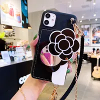 Design Luxury Crossbody Flower Stand med Makeup Mirror Phone Case för iPhone 7 8 Plus X XR XS 11 12 13 Pro Max Cover för kvinnor