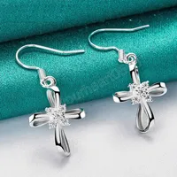 925 Sterling Silver Cross Charm AAA Zircon Dingle Earring Woman Jewelry Fashion Wedding Engagement Party Gift