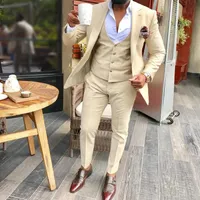 Mens Suits Slim Fit 3 Peças BEIGE Business Groom Jacket Tuxedos Blazer Suits para Wedding Prom Bants Nightblazer Vest ZQ303K