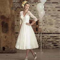 Vintage Deep V Neck Tea Length Shorts Applique Lace Beach Wedding Dress Sash Three Quarter Sleeve Sheer A Line Bridal Gowns Custom197f