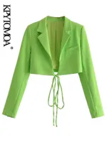 Kpytomoa Kadın Moda ile Kırpılmış Yeşil Blazer Ceket Vintage Uzun Kollu Kadın Dış Giyim Şık Veste Femme