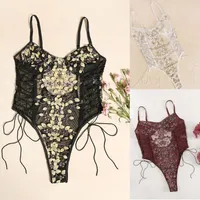 Mujeres Bodysuit de encaje transparente Lingerie Sexy Sleepwear Mesh Floral Ver a través de Teddies Catsuit Erotic Sex Disfraz subido#4 Sets de sujetadores