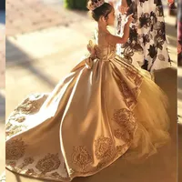 Высокое качество первого причастия платья детское вечернее платье с мячом Золотое аппликация Bow Girls Pageant Dress Satin Tulle Flower Girl Платье1245Y