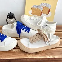 Sneakers Wanita Lucu Sepatu Tenis Putih Baris Selip Kanvas Platform Flat Vulkanisasi Kasual