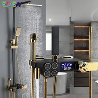 Hot Cold Digital Shower System Set Black Gold Thermostatic Bathroom Shower Faucets Copper Bidet Wall Mounted Smart Temperature Bath Shower Sets