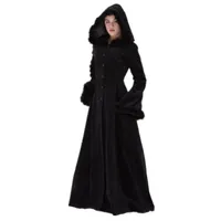 Kadın Yün Karışımları Kadın Sonbahar Kış Vintage Ceket Steampunk Kat Uzunluğu Kapşonlu Ortaçağ Sıcak Kürk Trim Maxi Gotik Cadı Parti Kostüm