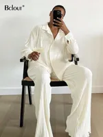 Bclout Beige Elegant Pleated Pants Women S Suit Turn Down Collar Long Sleeve Blouse High Waist Set Woman 2 Piece Chic 220810
