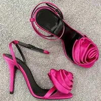 designer shoes Fuchsia flower Sandals top quality Satin Narrow Band stiletto womens Dress shoes luxurious Designer 9cm heels Fashion ladies high heeled DKLG
