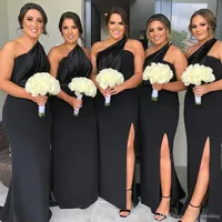 Black One Shoulder Bridesmaid Dresses Side Split Spring Summer Countryside Garden Formal Wedding Party Guest Gowns Plus Size Custo256O