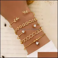 Link Chain Bracelets Jewelry 2021 European And American Style Geometric Leaf Rhinestone Beaded Love Open Bracelet Lady 5 Pieces Set Drop De