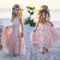 2019 Novo Boho Pink Flower Girls Dresses para Wedding Lace Applique Ruffles Kids Formal Wear Girls Dress Dress Vestio de anivers￡rio GOWN3119