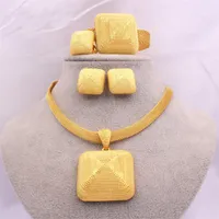 Dubai Gold 24K smyckesupps￤ttningar f￶r kvinnliga afrikanska brudbr￶llopsg￥vor Party Halsband Square ￶rh￤ngen Ringarmband smycken Set 1008 T2