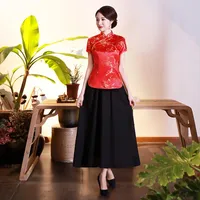 Kadın Bluzlar Gömlek Bayan Çin Ince Tang Takım Kısa Kollu Ayakta Yaka Vintage Zarif Tops