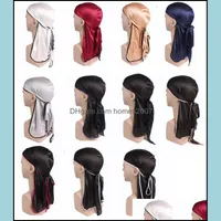 Seda y satinado Durag con correas de cola extra larga, headwrap du-rag para 360 ondas de entrega de gotas 2021 Beanie / Skl Caps sombreros sombreros bufandas