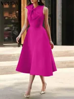 Sıradan Elbiseler Zarif Parti Elbise 2022 Yaz Kadınlar O boyun büyük Bow Midi Robe Seksi Kolsuz SATIN KATLI ORTA YEMEN SUNDRES