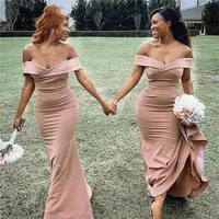 2021 Sexy Blush Pink Mermaid Bridesmaid Dresses Off Shoulder Short Sleeves Beach Ruched Floor Length Maid of Honor Wedding Guest G223D