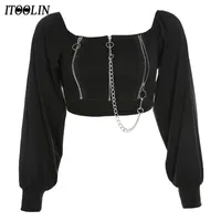 Itoolin goth t -shirt zip -up crop top vrouwen uit schoudertjes ketens kettingen lange mouw y2k t -shirts gotische donkerblack vintage kleding 210317