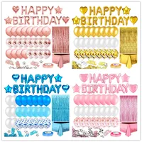 Sublimation Birthday Party Decoration Happy Birthday Banner Fringe Curtain Tablecloth Heart Star Confetti Balloons for Girl Boy Kids Adults