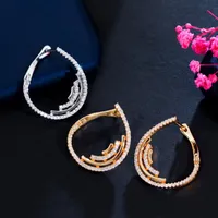 Dangle żyrandol cwwzircons eleganckie geometryczne linie sześcienne cyrkon okrągłe kolczyki dla kobiet białe złoto splowane moda cZ biżuter