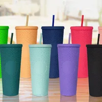 Mugs Factory Direct 700ml 24oz Blank DIY Pink Matte Black Studded Straw Ice Cold Coffee Tumbler Cup With Lid And No LogoMugs