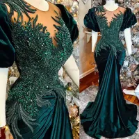 Plus storlek arabisk aso ebi mörkgrön sjöjungfru prom klänningar pärlstav kristaller sammet kväll formell parti andra mottagning födelsedag engagemang klänningar klänning ee