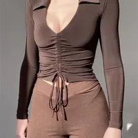 Hejoungirl v szyja ruched brązowy casual crop top koszulka jesienna długie rękaw podstawowy tshirt kobiety chuda moda femme 220812