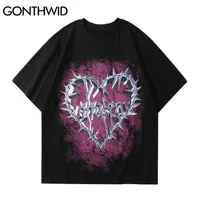 Gonthwid негабаритные футболки Tees Hip Hop Chain Heart Print Punk Rock Gothic Tshirts Streetwear Мода Harajuku повседневные хлопковые топы 220712