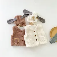 Autumn Winter Baby Girls Girls Sweet Mody Color Solid Collente Com colete infantil de lã de lã de cordeiro com orelhas de coelho chapéu 220812