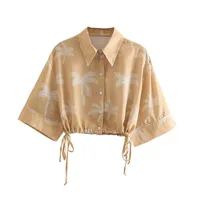Women&#039;s Polos Vrouwen Shirts Mode Met Koord Print Cropped Vintage Korte Mouwen Button-Up Vrouwelijke Hoge Kwaliteit Chic TopsWomen&#039;s