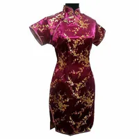 Casual Dresses Burgundy Traditional Chinese Dress Mujer Vestido Womens Satin Mini Cheongsam Qipao S M L XL XXL XXXL 4XL 5XL 6XL J4037
