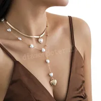Collares colgantes de la perla de imitación del corazón para las mujeres vintage multicapa plana serpiente cadena gargantilla collar joyería