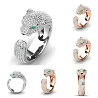 Mode unisex volledige kristallen ringen ingelegd luipaard panther hoofd groene ogen micro-ingelegd zirkoon opening ring partij sieraden bijoux gift