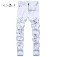 Düz delik yıkım pantolon sıkıntılı kot pantolon erkek denim pantolon moda tasarımcısı marka beyaz pantolon erkek büyük boy 220813