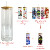 US Local Warehouse 16oz Sublimation Double Wall Glass Tumblers 20oz Glitter Snow Globe Blank Cans with bamboo Lids and Straw DIY Beer Juice Glasses Cups