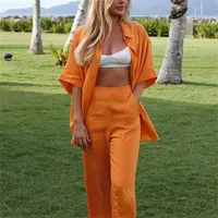Bclout Orange Linen Trouser Suits Women Loose Short Sleeve Single Breasted Long Shirts Casual Wide Leg Pants Set Woman 2 Pieces 220727