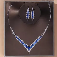 Oorbellen ketting elegante blauwe strass kristal bruiloft bruids sieraden set voor vrouwen verzilverde v vorm choker setearrings oorbellen